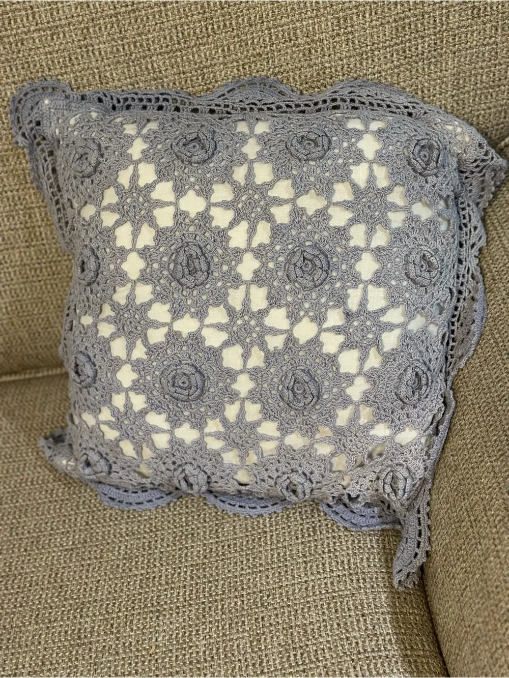 Vintage Handmade Light Blue Crochet Throw Pillow Cover